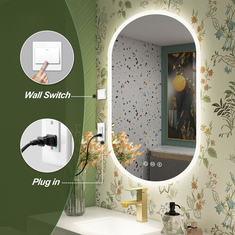 Ahmiyah Oval LED Bathroom Mirror Anti Fog Dimmable Color Changing Bluetooth Tempered glass 35.5 x 24